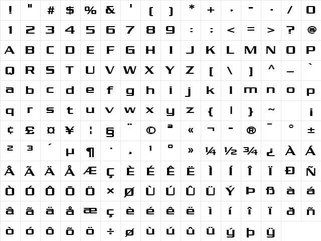 Chaney-Extended Bold  glyph index