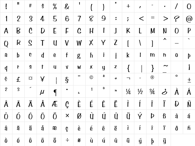 Benguiat Frisky Regular  glyph index