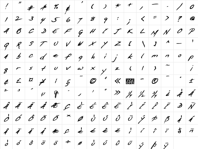 GiffordsHand Bold Italic  glyph index