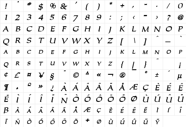 Carla Bold Italic  glyph index