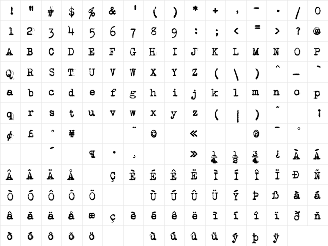 VTSmithUpright Regular  glyph index