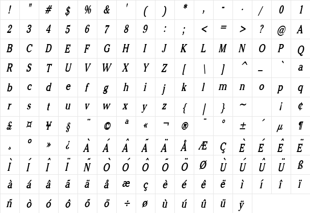 Chelsey Thin Bold Italic  glyph index