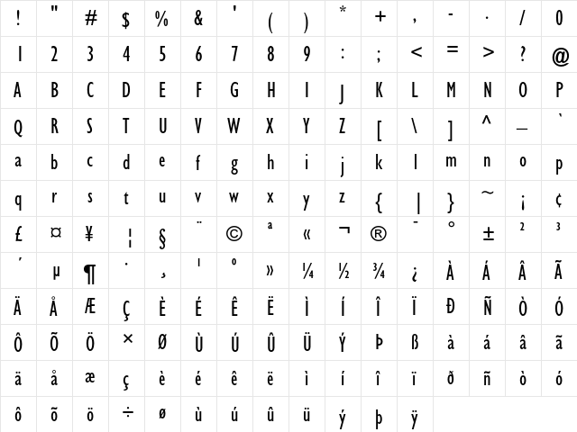 Gill Sans Condensed  glyph index