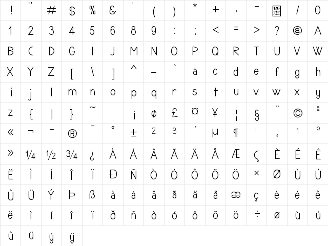 TYPONOME Regular  glyph index