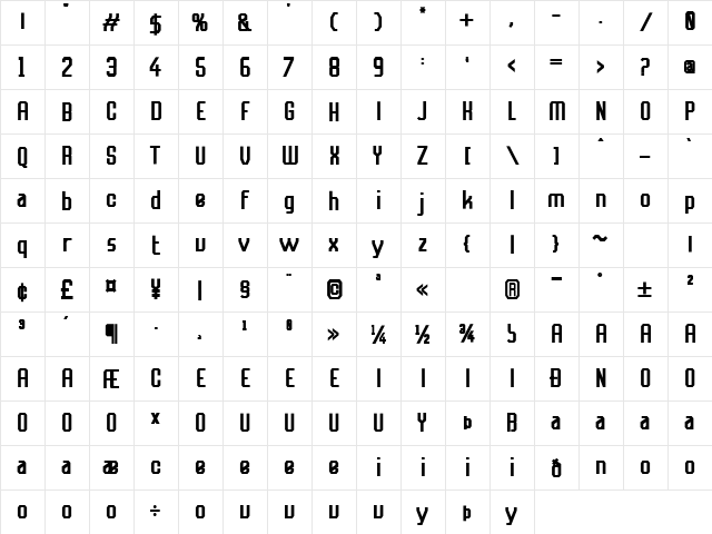 Futurama Bold  glyph index