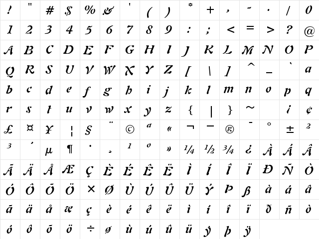 Lushlife Bold Italic  glyph index