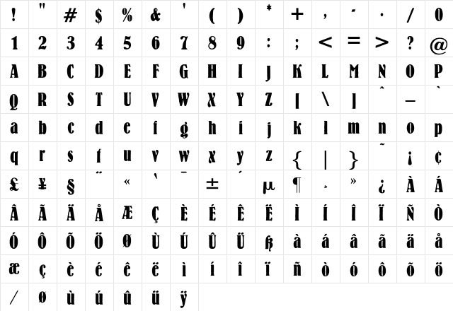 LeonhardBoldCondensed Regular  glyph index