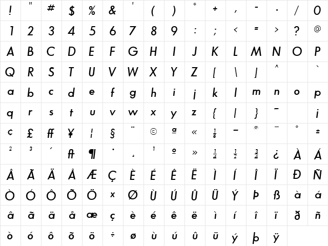 BouganSSK SemiBoldItalic  glyph index