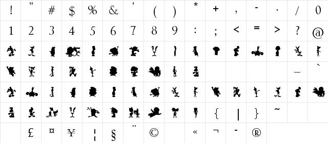 Cartoon Silhouettes Regular  glyph index