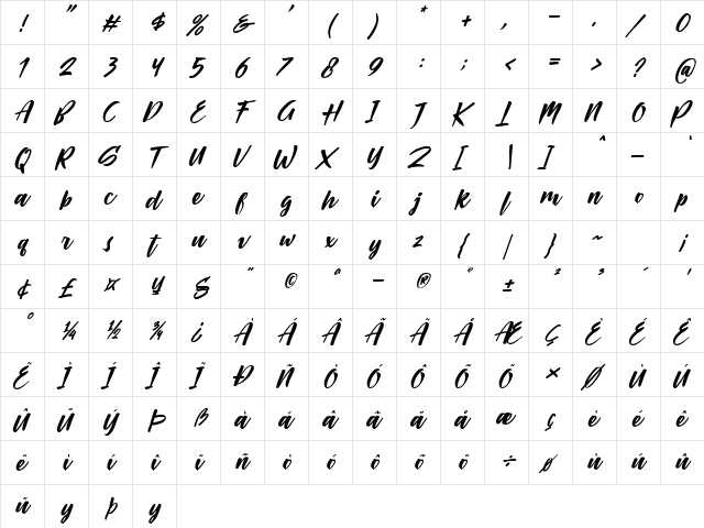 Passifille Italic  glyph index