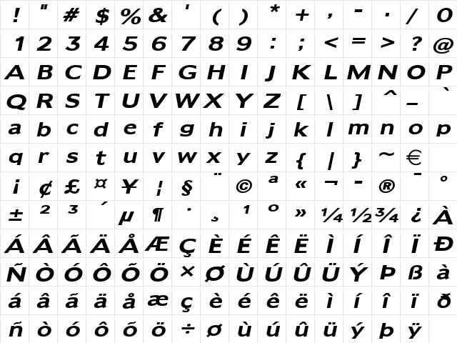 AdamsWide BoldItalic  glyph index