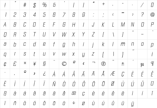 Diamante-Serial-ExtraLight RegularItalic  glyph index