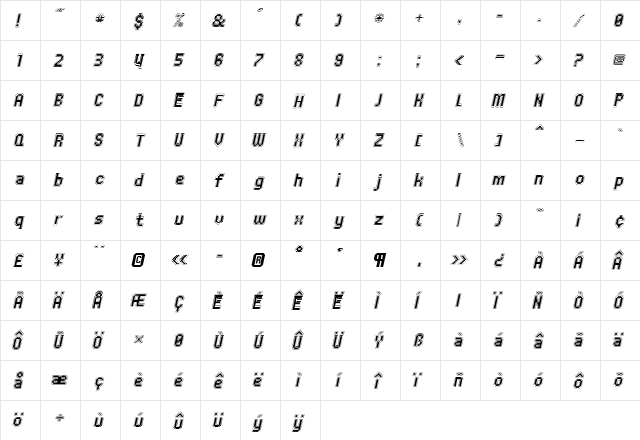 UNDA Italic  glyph index