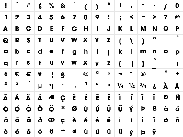 Avignon-Bold Regular  glyph index