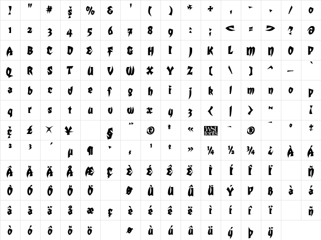 Transylvania Bold  glyph index