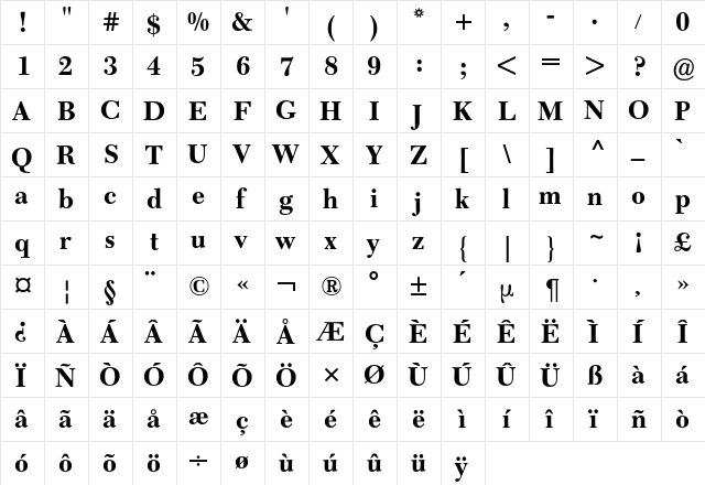 Caledonia BQ Regular  glyph index