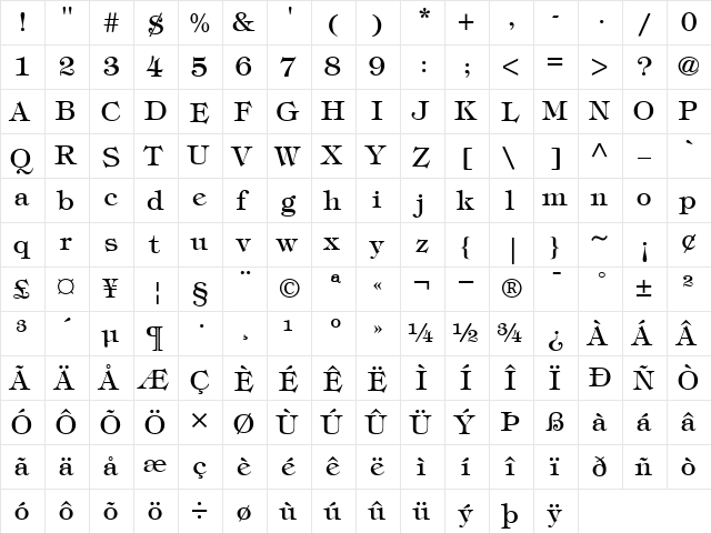 ITCTiffany-Medium Medium  glyph index