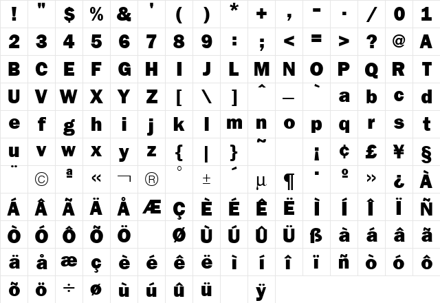 Franklin Gothic Heavy Regular  glyph index