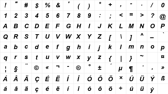 Arial CE Bold Italic  glyph index