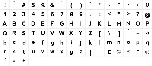 nevis Bold  glyph index