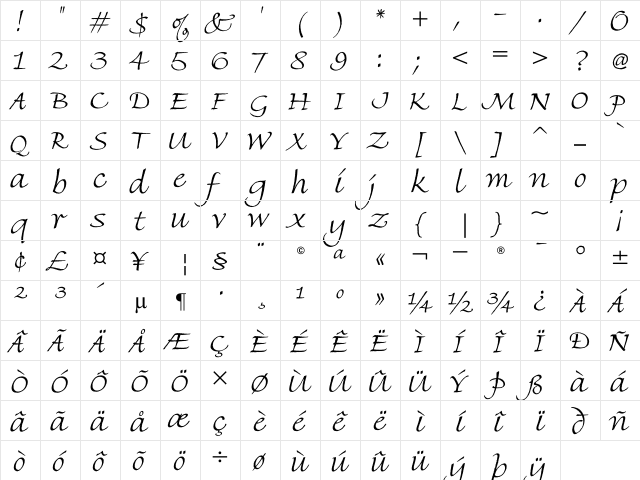 Fine Hand Regular  glyph index