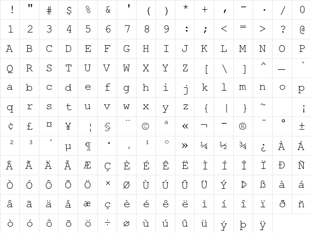 Courier PS MT Std Regular  glyph index