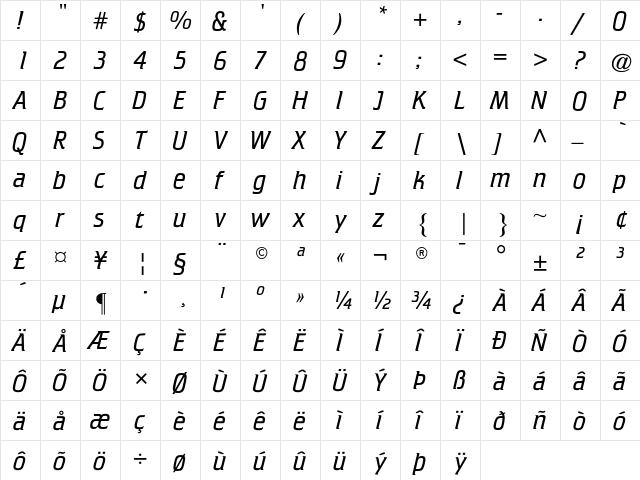 ATCrillee LightItalic  glyph index