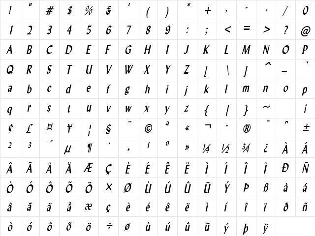 Lynda-Condensed Bold Italic  glyph index