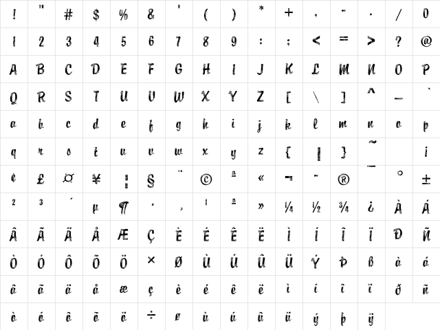 Brody23 Becker Regular  glyph index