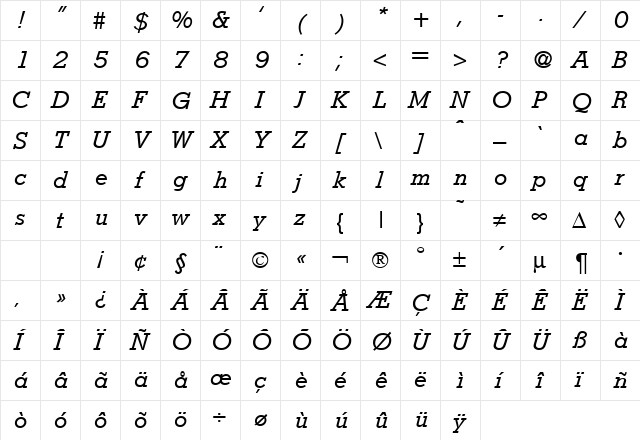 Stymie RegularItalic  glyph index