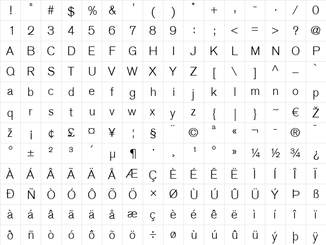 BasicCommercial LT Light Regular  glyph index