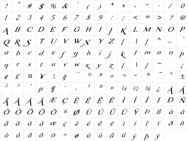 Aurelis ADF Script No2 Std Ext Italic  glyph index