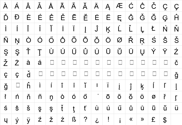 European-Helvetica Regular  glyph index
