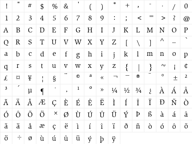 Slimbach Book  glyph index