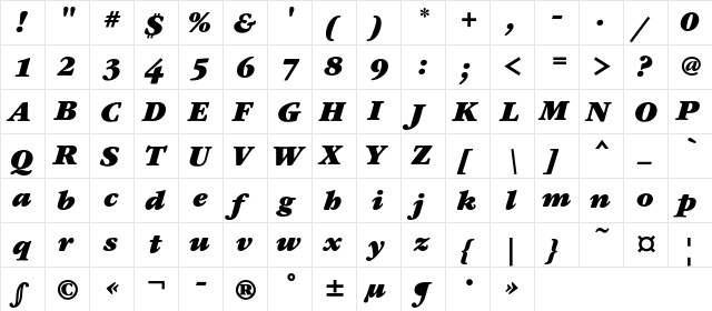 GaramondBookC Bold Italic  glyph index