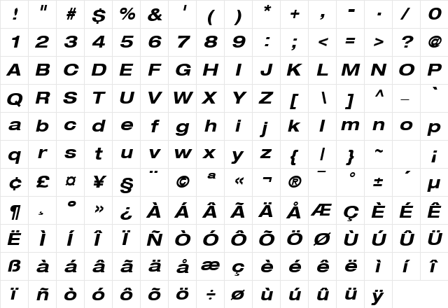 HeaveneticaExtd7 BoldOblSH  glyph index