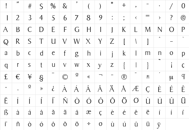 BruceBecker-ExtraLight Regular  glyph index