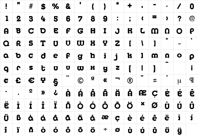 MexicoSerial-Xbold Regular  glyph index