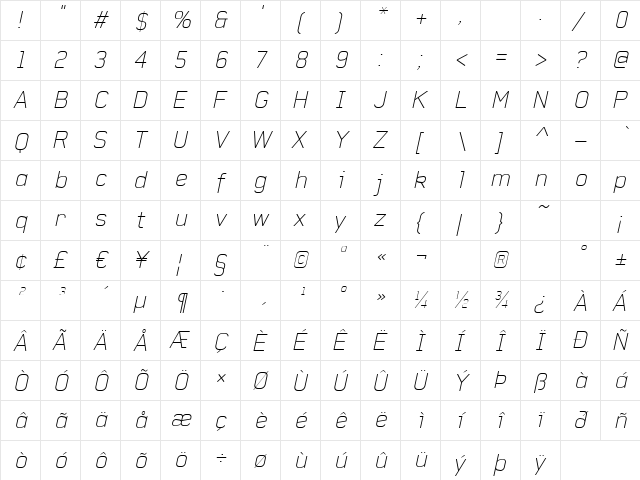 Baksheesh ThinItalic  glyph index