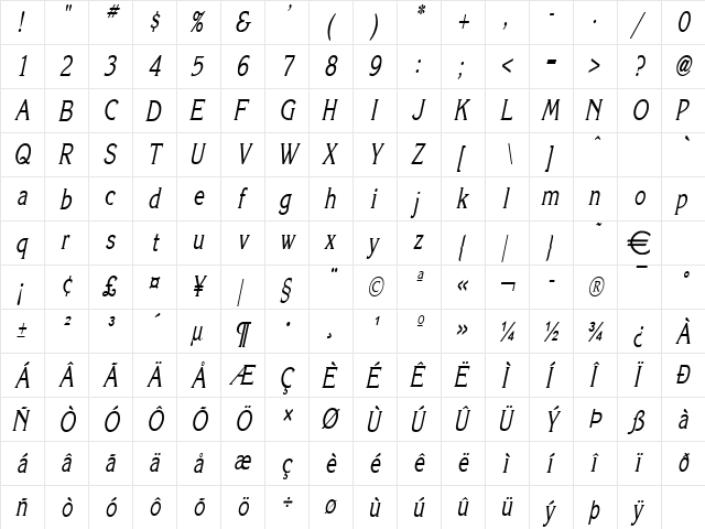 KeiraThin Italic  glyph index