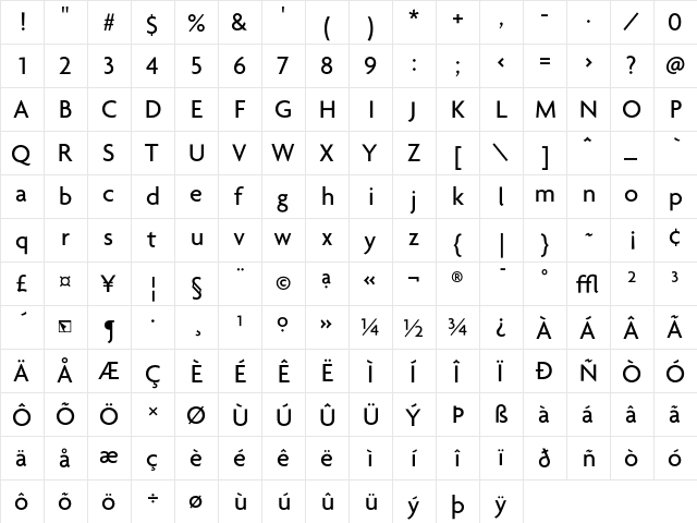 Agenda Medium  glyph index