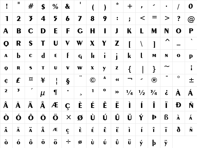 Exotc350 Bd BT Bold  glyph index