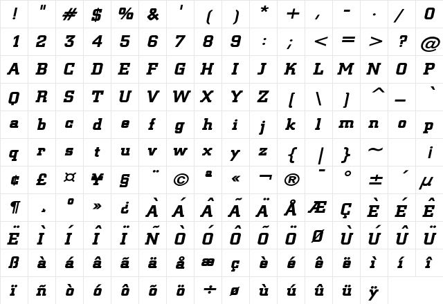 Geo 957 Wide Bold Italic  glyph index