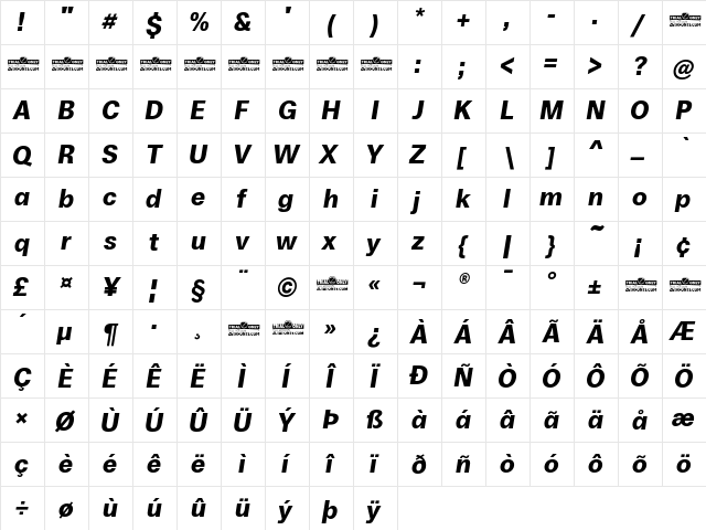 Boring Sans A Trial Bold Italic  glyph index