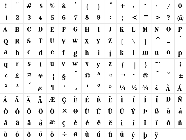 Americana Extra Bold  glyph index