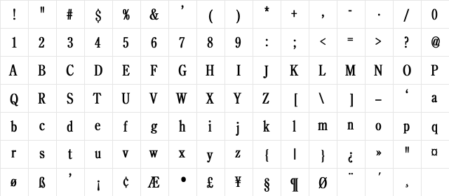 BackRoad  Cond Bold Bold  glyph index