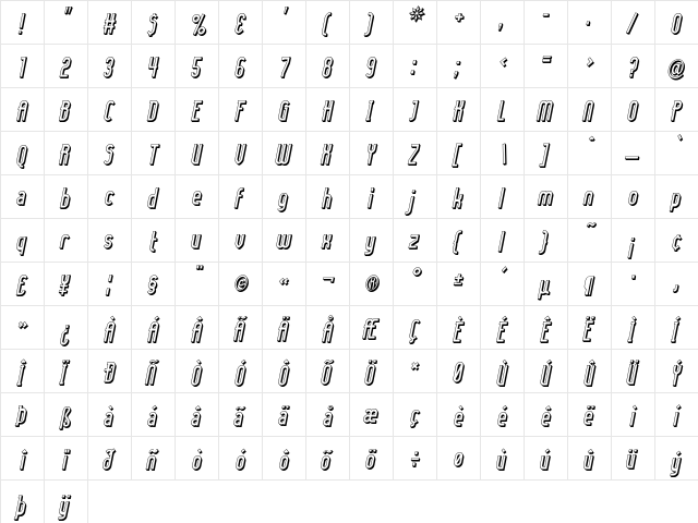 Lady Ice - 3D Italic  glyph index