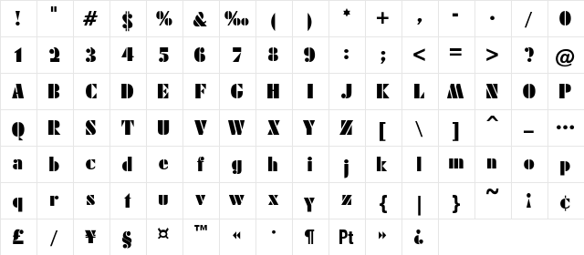 Jensen Bold Regular  glyph index