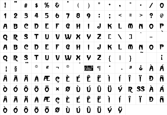 Metropolitain Regular  glyph index