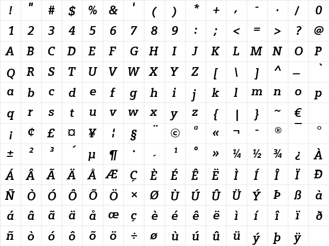 Siemens Slab Bold Italic  glyph index